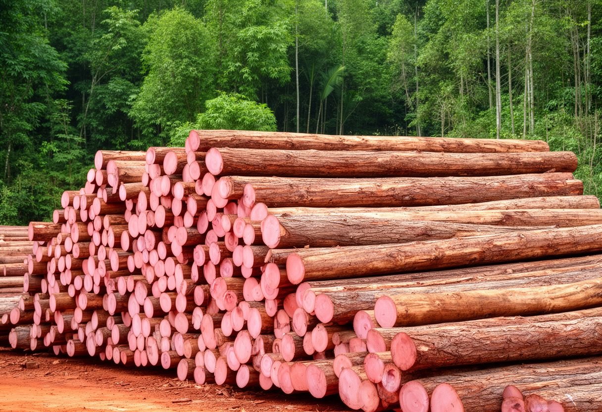 Khúc gỗ xoan đào tròn xếp đống ngoài bãi gỗ ven rừng