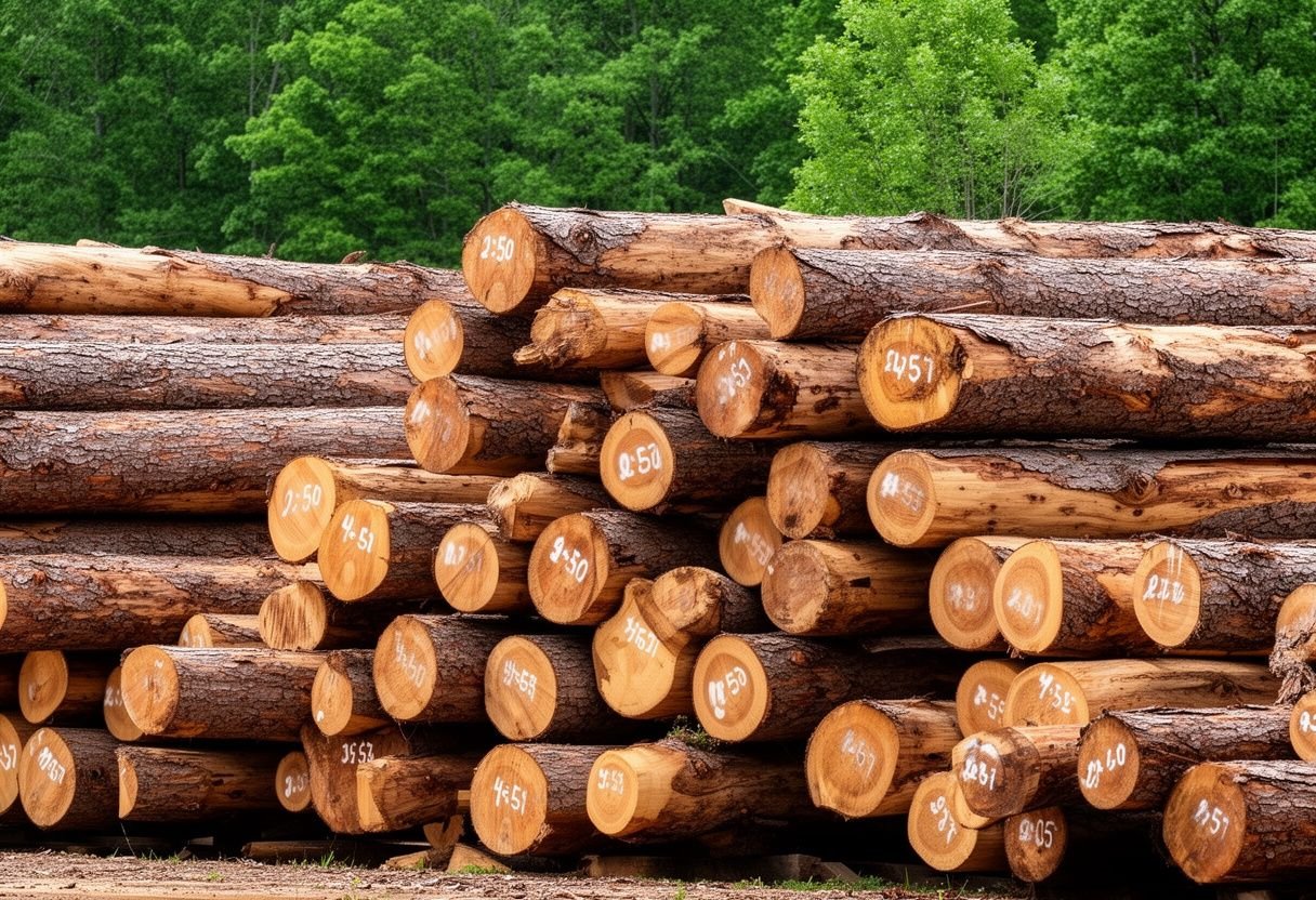 Khúc gỗ tự nhiên tròn xếp đống ngoài bãi gỗ ven rừng