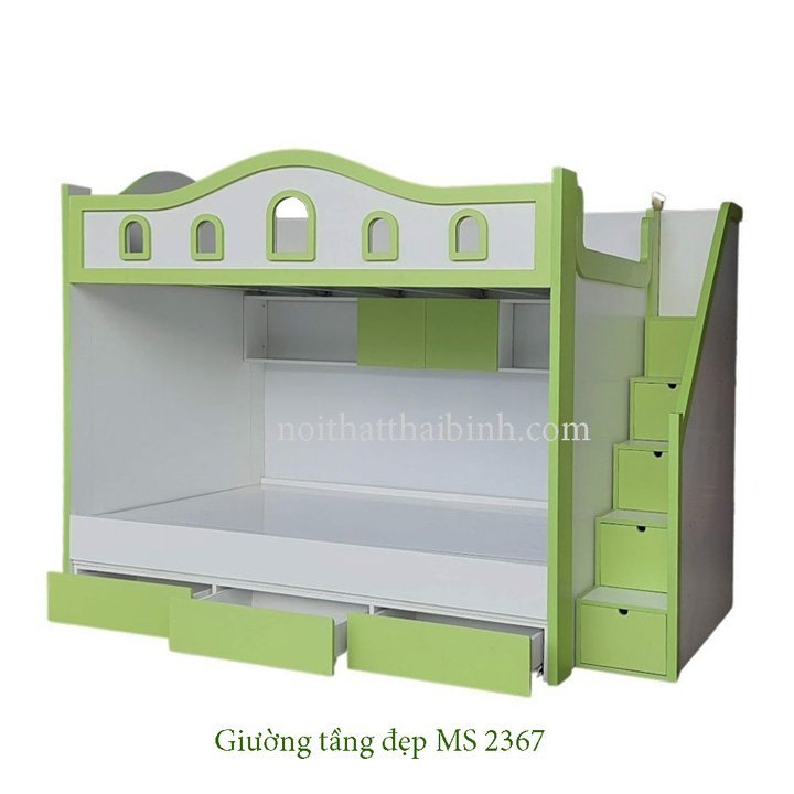 Mẫu Giường 2 Tầng Đẹp MDF Lõi Xanh Cầu Thang Hộp An Toàn