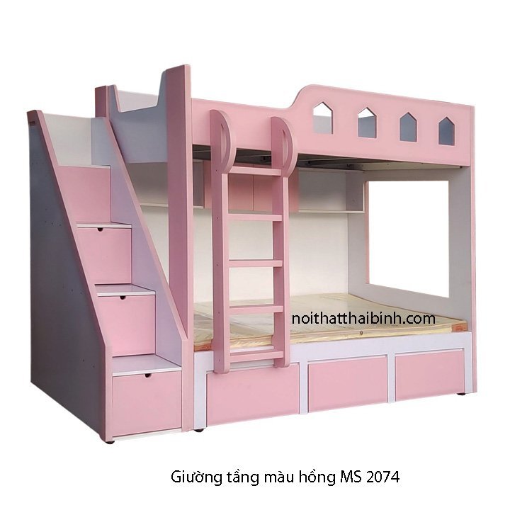 Giường tầng bé gái màu hồng MS 2074 - kỹ thuật đóng mộng chắc chắn