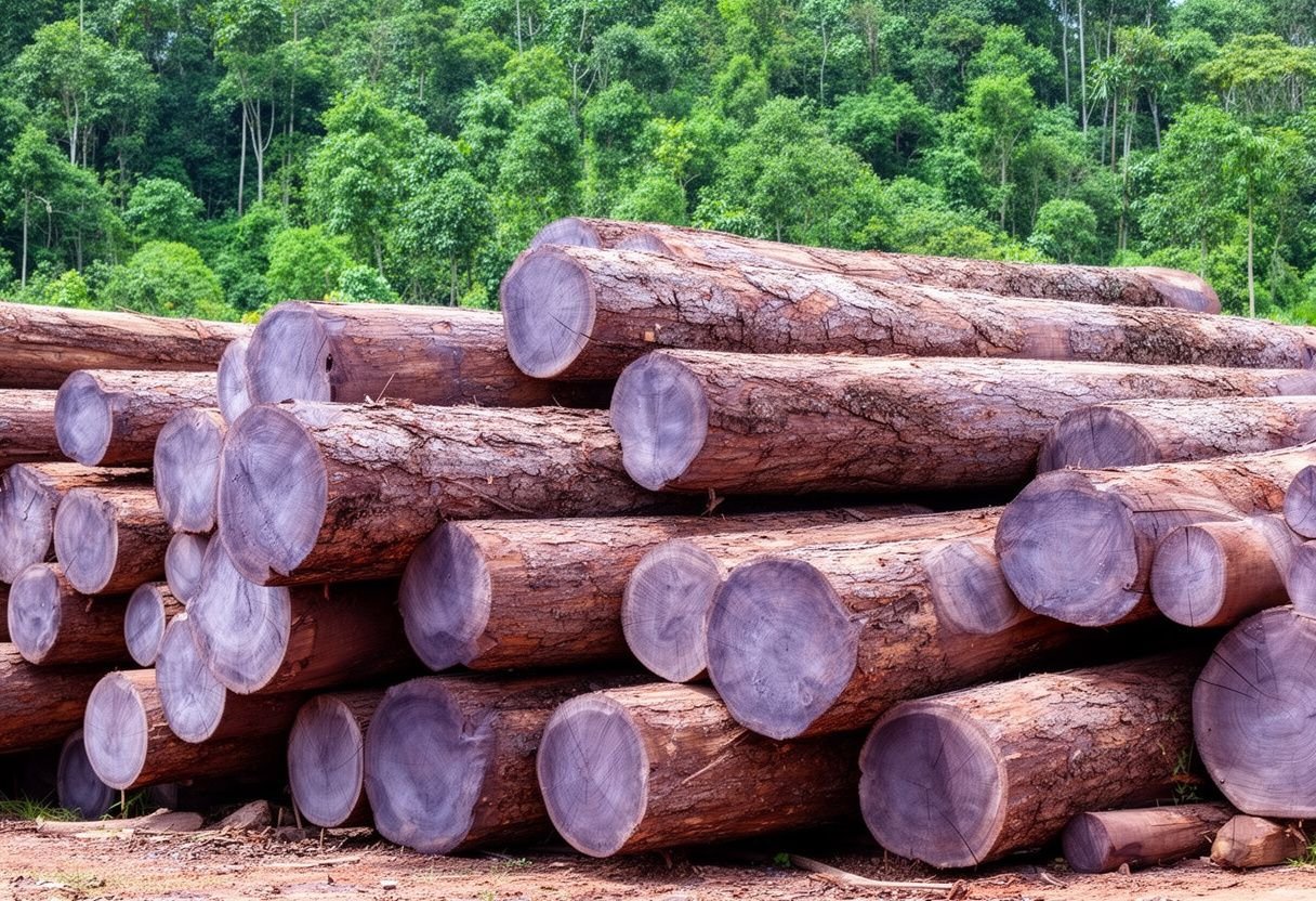 Khúc gỗ bằng lăng tròn xếp đống ngoài bãi gỗ ven rừng