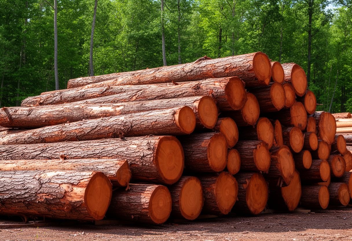 Khúc gỗ căm xe tròn xếp đống ngoài bãi gỗ ven rừng