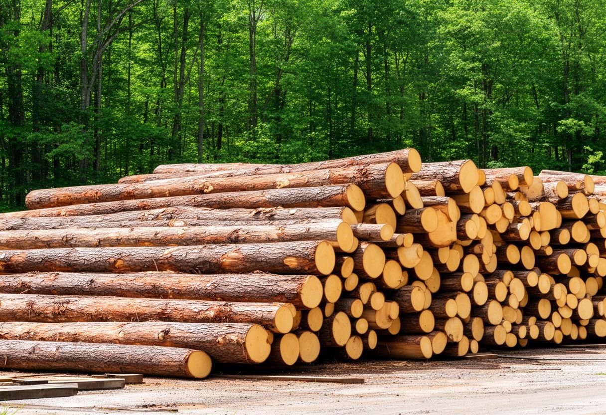Khúc gỗ dâu tròn xếp đống ngoài bãi gỗ ven rừng