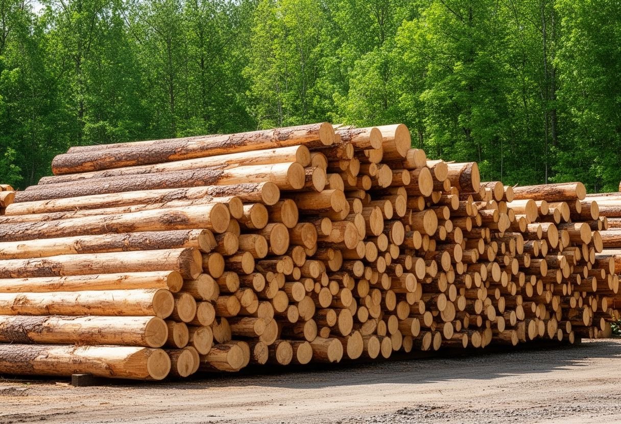 Khúc gỗ tự nhiên tròn xếp đống ngoài bãi gỗ ven rừng