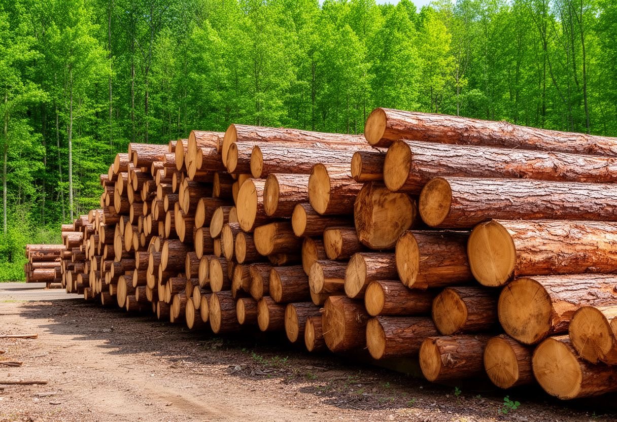 Khúc gỗ tự nhiên tròn xếp đống ngoài bãi gỗ ven rừng
