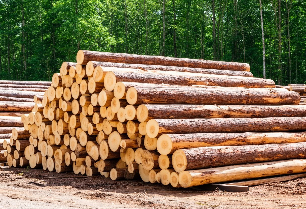 Khúc gỗ thông tròn xếp đống ngoài bãi gỗ ven rừng