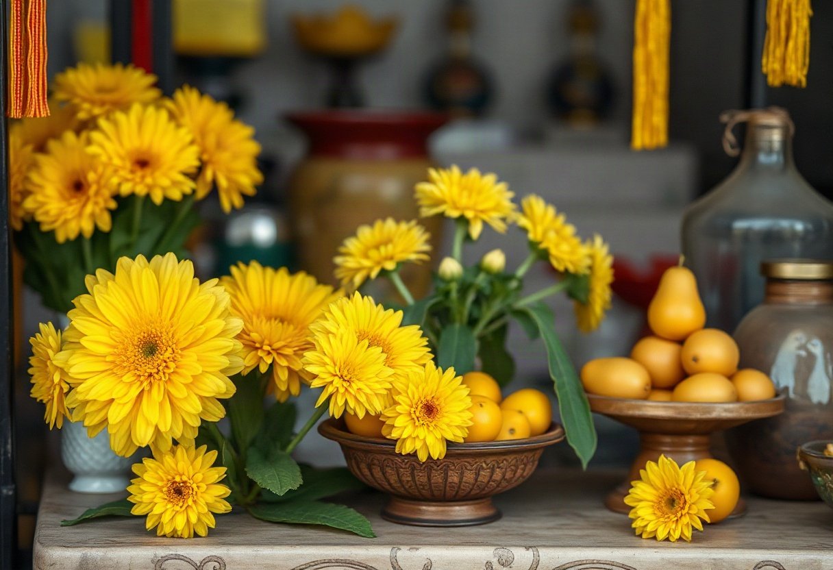 Hoa cúc vàng và trái cây trên bàn thờ