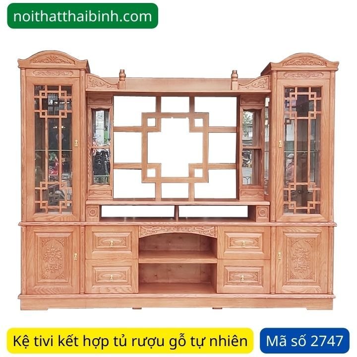 Kệ tivi gỗ kết hợp tủ trang trí MS 2747 - kỹ thuật đóng mộng chắc chắn