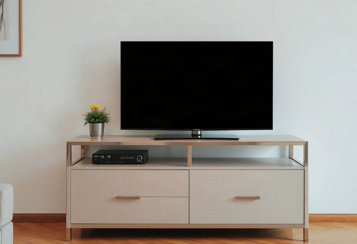 Kệ tivi kim loại hiện đại trong phòng khách nhỏ