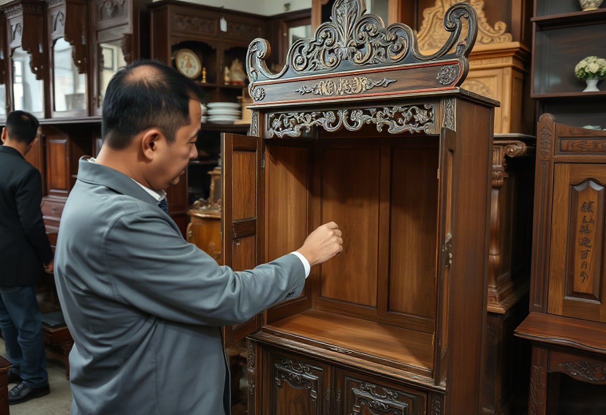 Khách hàng kiểm tra tủ thờ