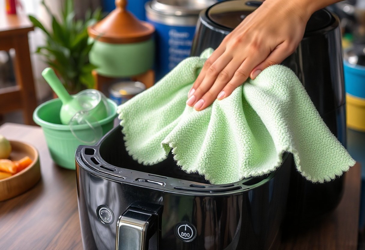 Khăn microfiber lau sạch nồi chiên không dầu