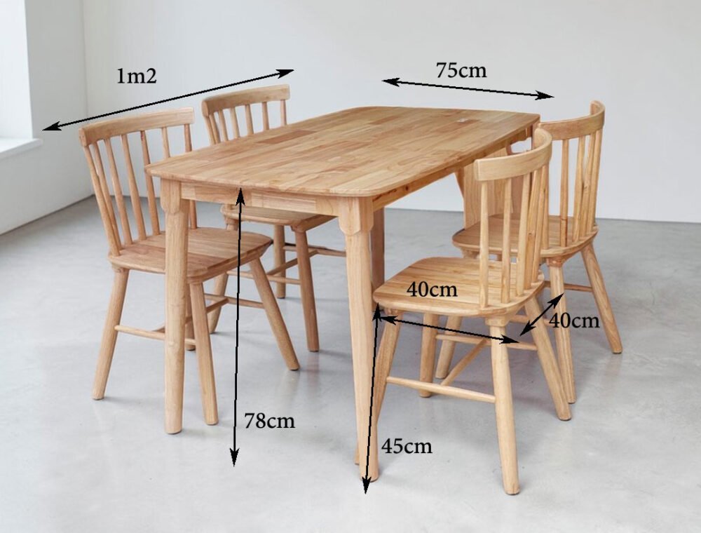 Kích thước bộ bàn ăn 4 ghế gỗ cao su