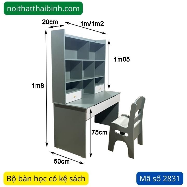 Kích thước bộ bàn học có kệ