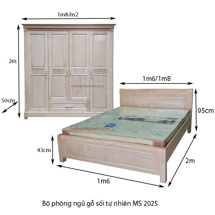 Bộ phòng ngủ gỗ sồi tự nhiên đẹp MS 2025