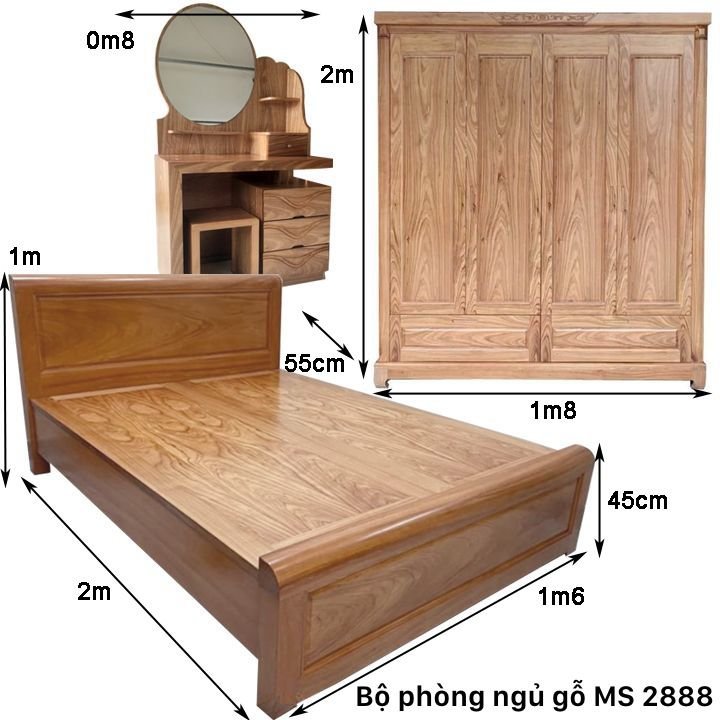 Kích thước Combo phòng ngủ gỗ tự nhiên vân hương xám