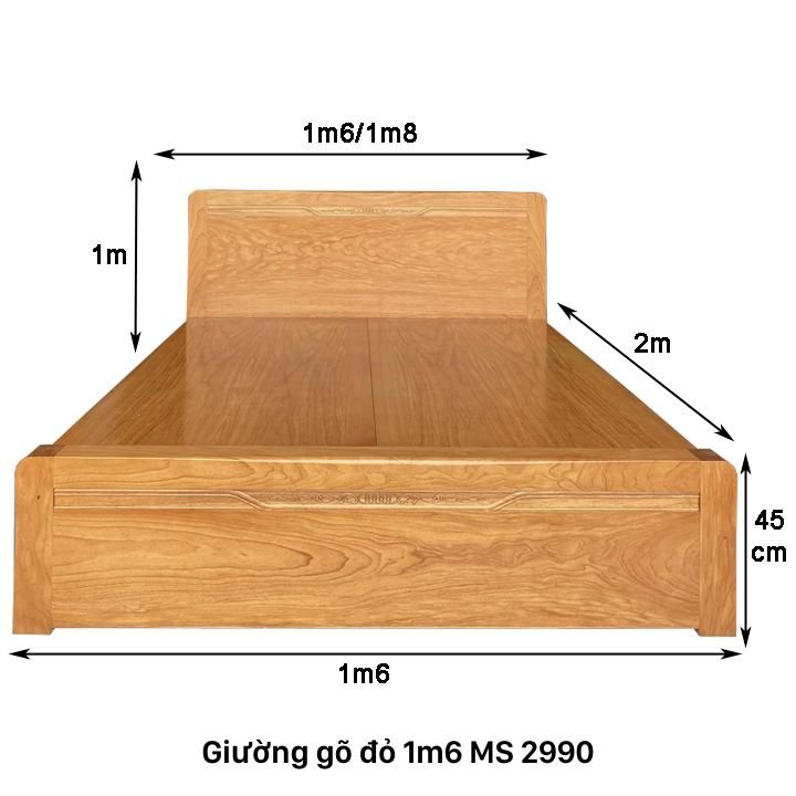 Kích thước giường gõ đỏ 1m6