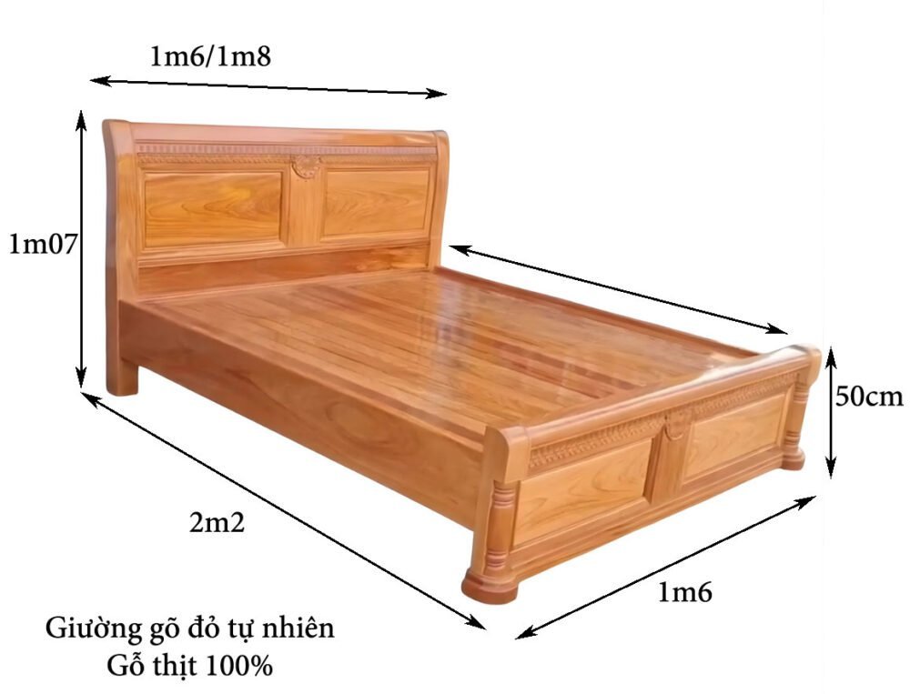 Kích thước giường gỗ gỏ đỏ cao cấp