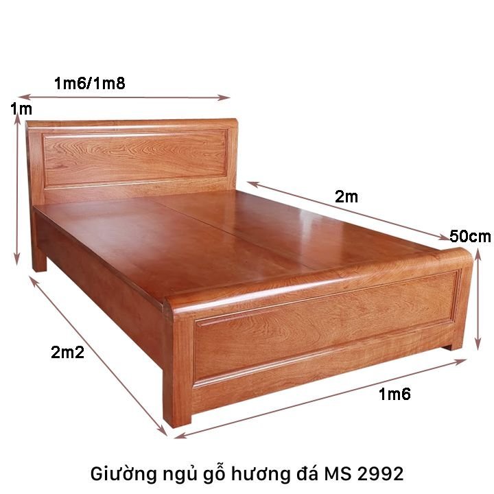 Kích thước giường ngủ gỗ tự nhiên vân hương đá vạt phản