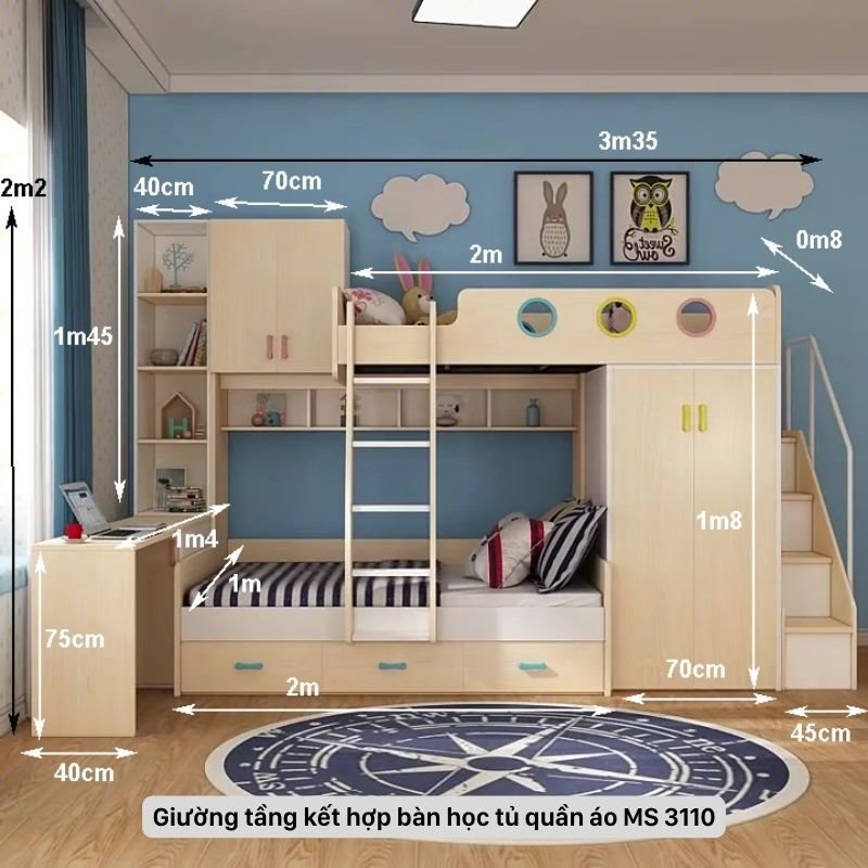 Kích thước giường tầng kết hợp tủ áo và bàn học Kích thước giường tầng kết hợp tủ áo và bàn học