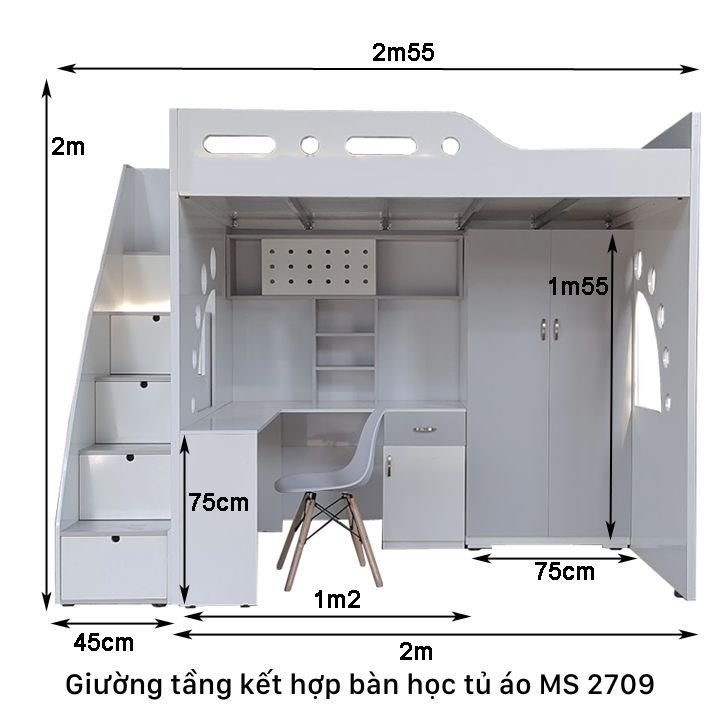 Kích thước giường tầng kết hợp bàn học tủ áo