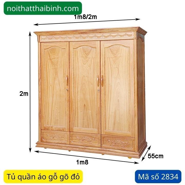 Kích thước tủ áo gỗ gõ đỏ