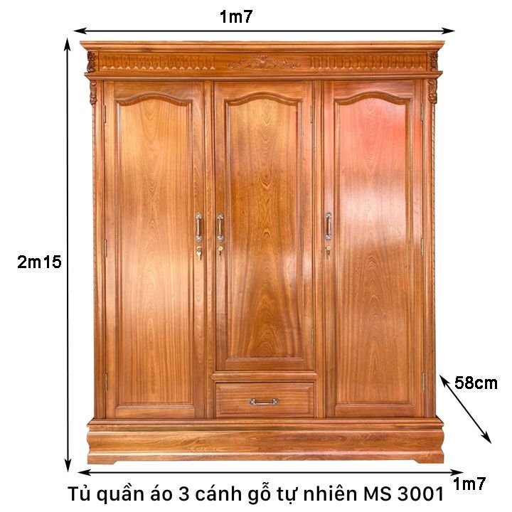 Tủ quần áo 3 cánh gỗ tự nhiên MS 3001