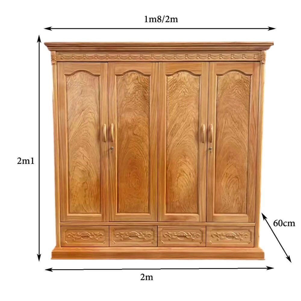 Kích thước tủ quần áo 4 cánh gỗ gõ đỏ