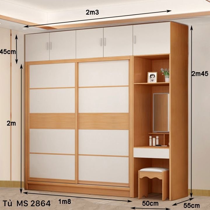 Kích thước tủ quần áo kết hợp bàn trang điểm