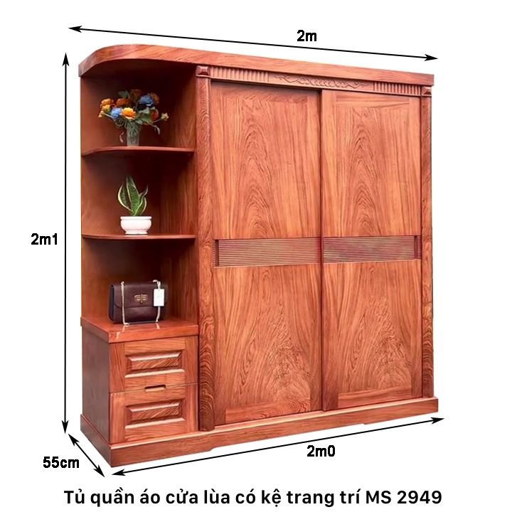 Kích thước tủ quần áo cửa lùa có kệ trang trí
