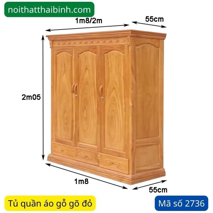 Kích thước tủ quần áo gỗ gõ đỏ 1m8