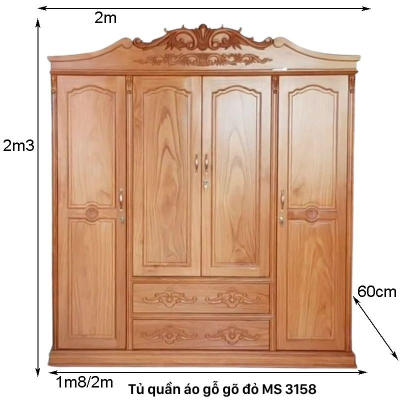 Kích thước tủ áo gõ đỏ tự nhiên