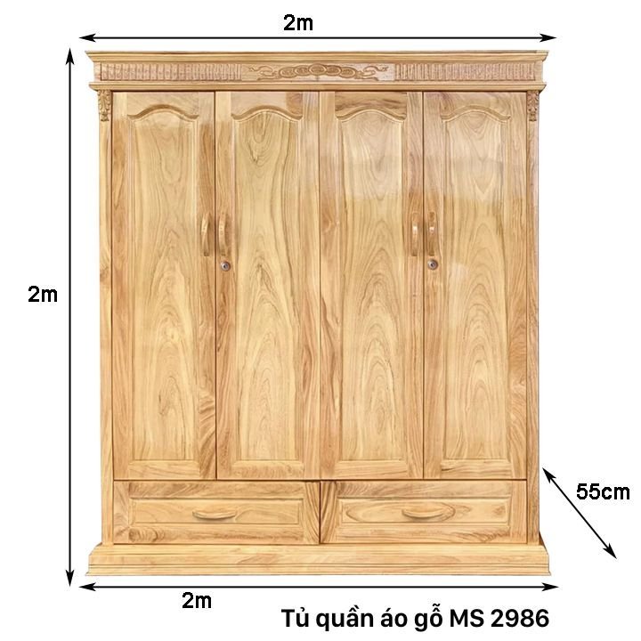 Kích thước tủ quần áo gỗ gõ đỏ 4 cánh