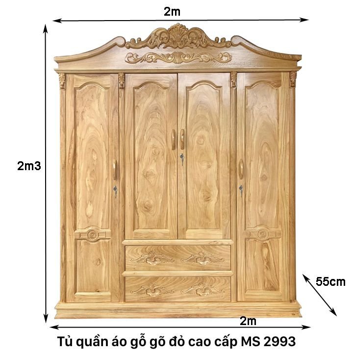 Kích thước tủ quần áo gỗ gõ đỏ cao cấp