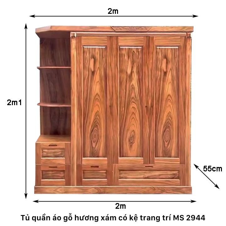 Kích thước tủ quần áo gỗ hương xám có kệ trang trí Kích thước tủ quần áo gỗ hương xám có kệ trang trí