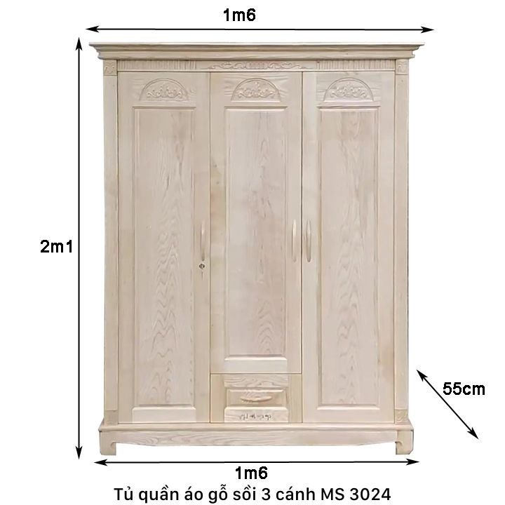 Tủ áo gỗ sồi 3 cánh gỗ tự nhiên MS 3024