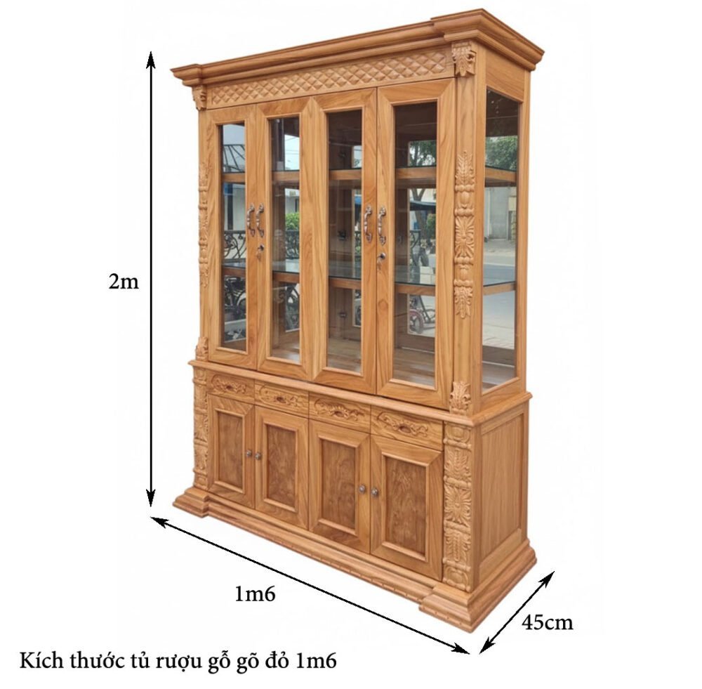 Kích thước tủ rượu gỗ gõ đỏ 1m6