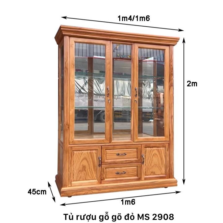Kích thước tủ rượu gõ đỏ tự nhiên 1m6