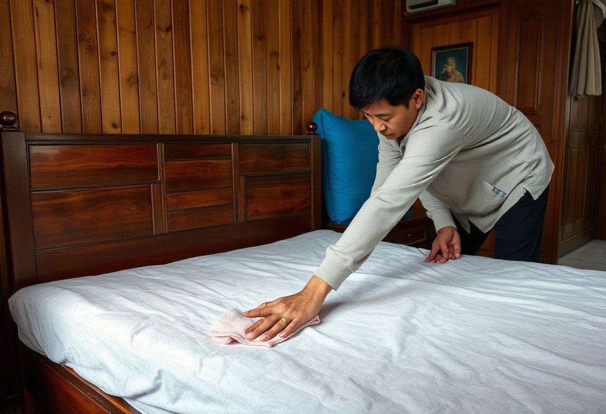 Lau chùi giường gỗ bằng khăn mềm