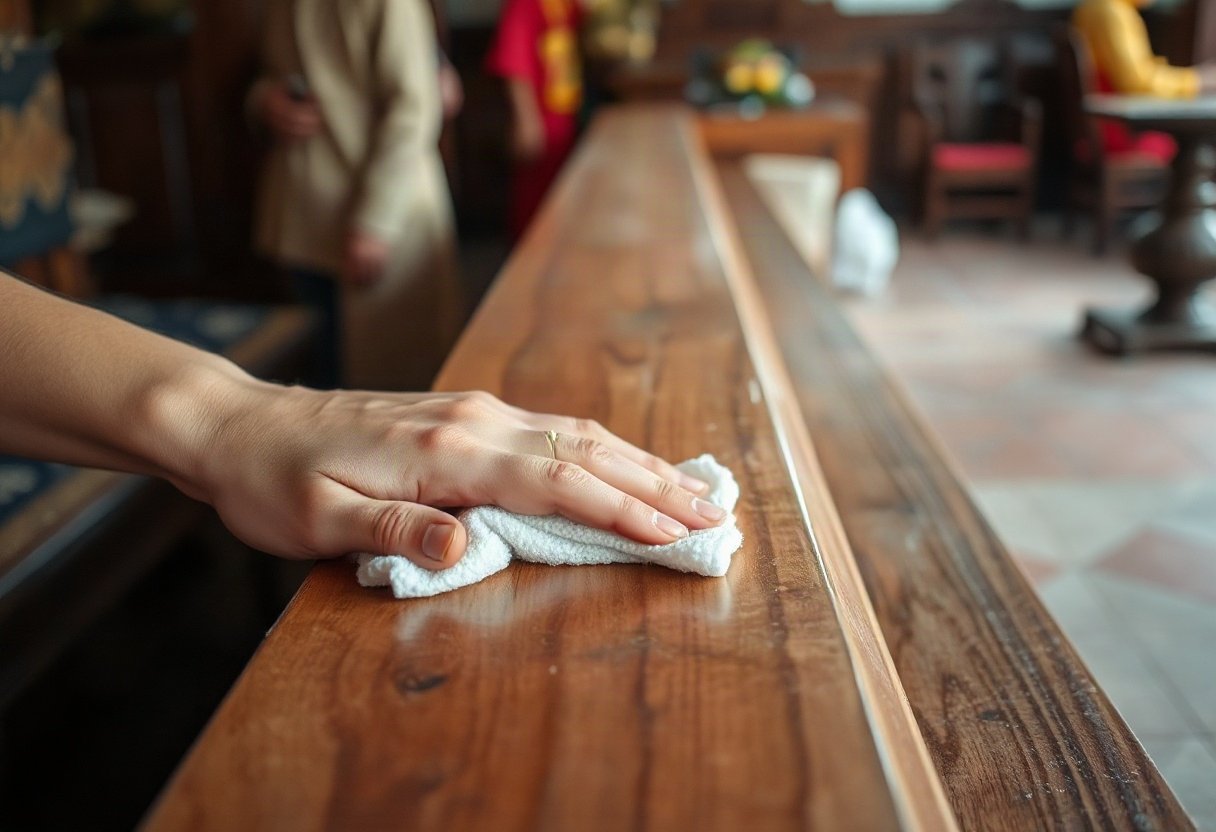 Lau theo chiều vân gỗ trên bàn thờ