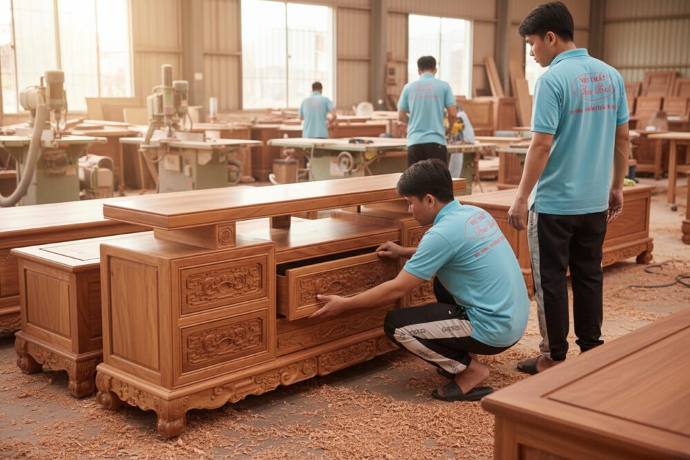 Kệ tivi gỗ gõ đỏ cao cấp MS 3343 - bề mặt hoàn thiện