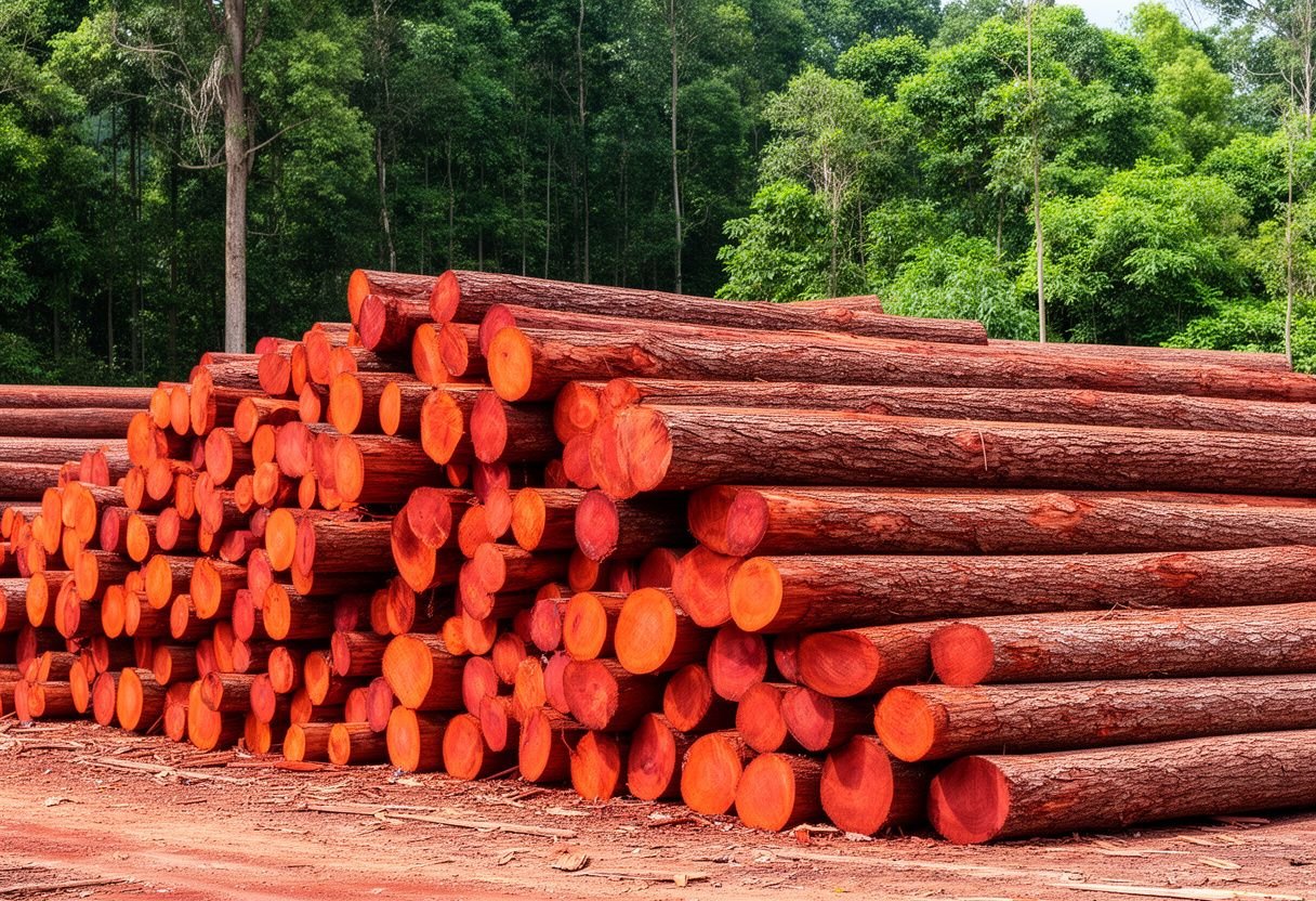Khúc gỗ gõ đỏ tròn xếp đống ngoài bãi gỗ ven rừng