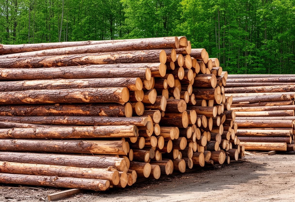 Khúc gỗ tự nhiên tròn xếp đống ngoài bãi gỗ ven rừng