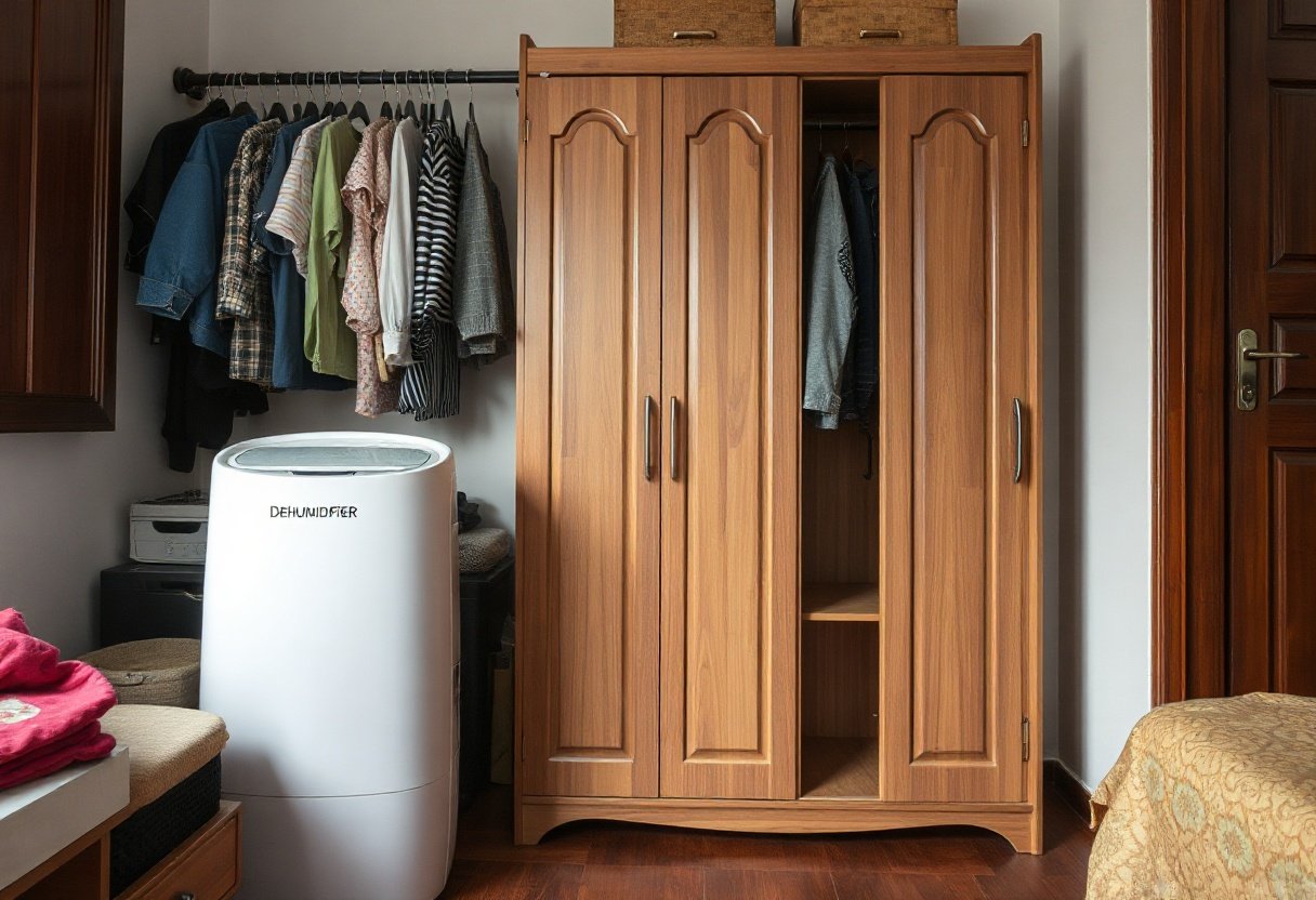 Máy hút ẩm bên cạnh tủ quần áo