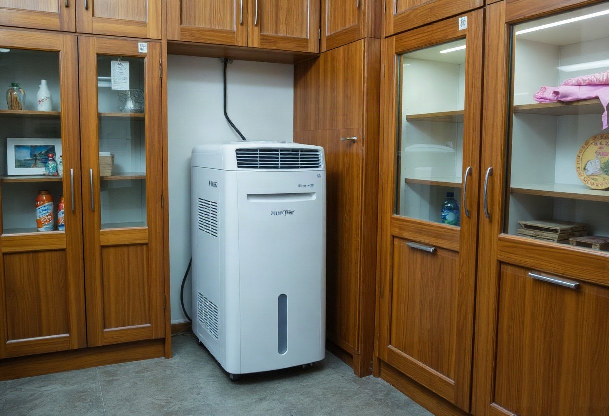 Máy hút ẩm trong cửa hàng có tủ bày hàng gỗ