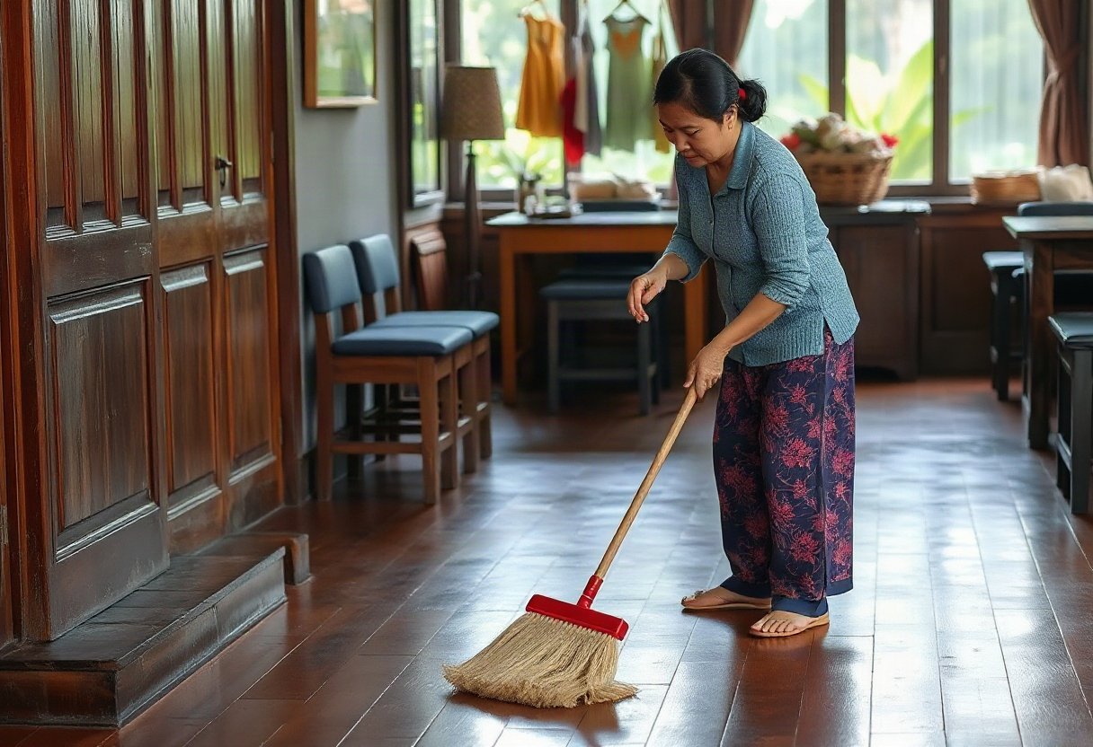 Người phụ nữ lau sàn gỗ bằng chổi mềm