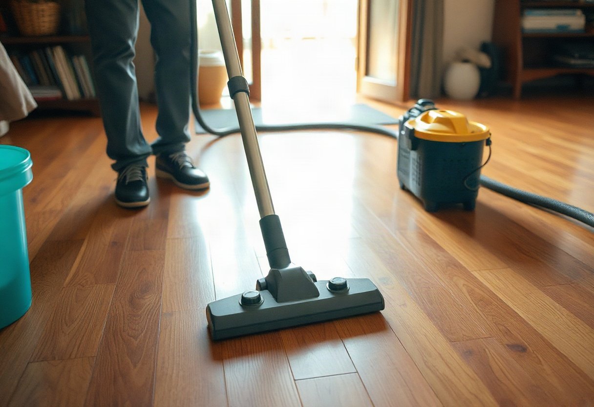 Người sử dụng máy hút bụi trên sàn gỗ