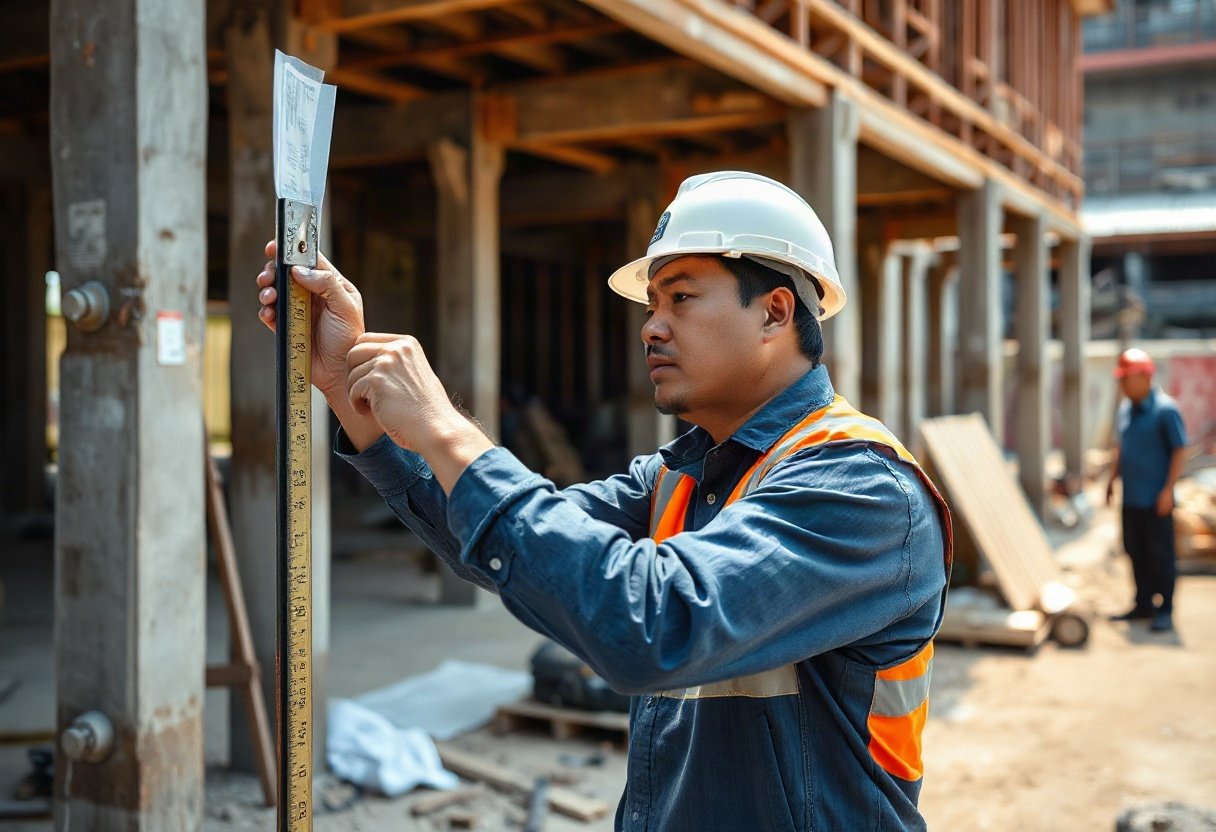 Người thợ xây dựng đang đo đạc trên công trường