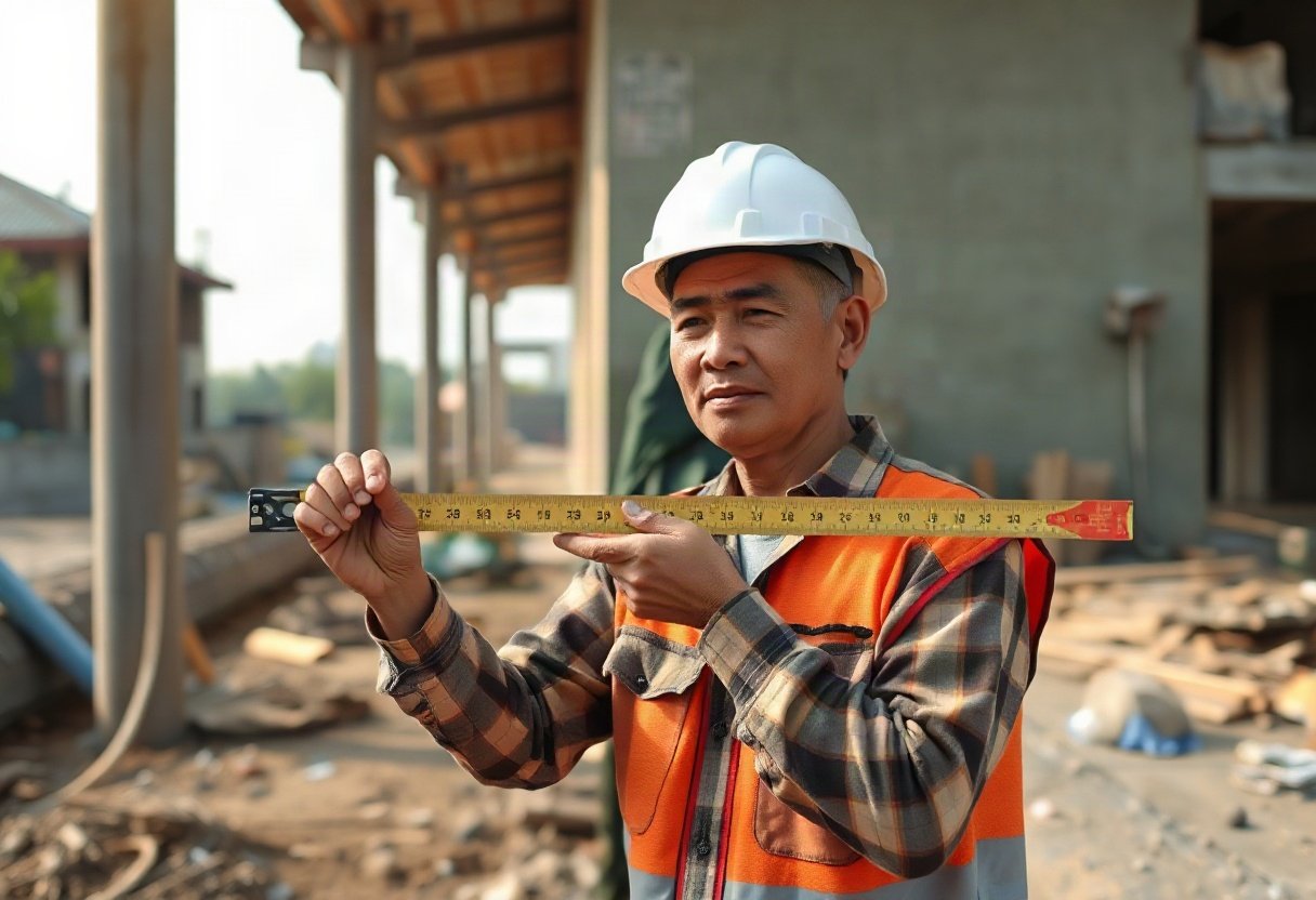 Người thợ xây dựng đang đo đạc trên công trường