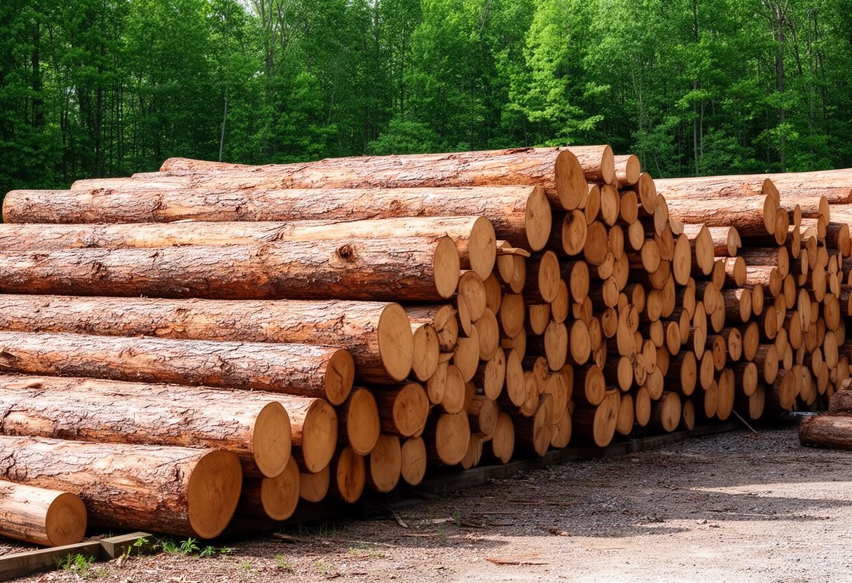Khúc gỗ tự nhiên tròn xếp đống ngoài bãi gỗ ven rừng