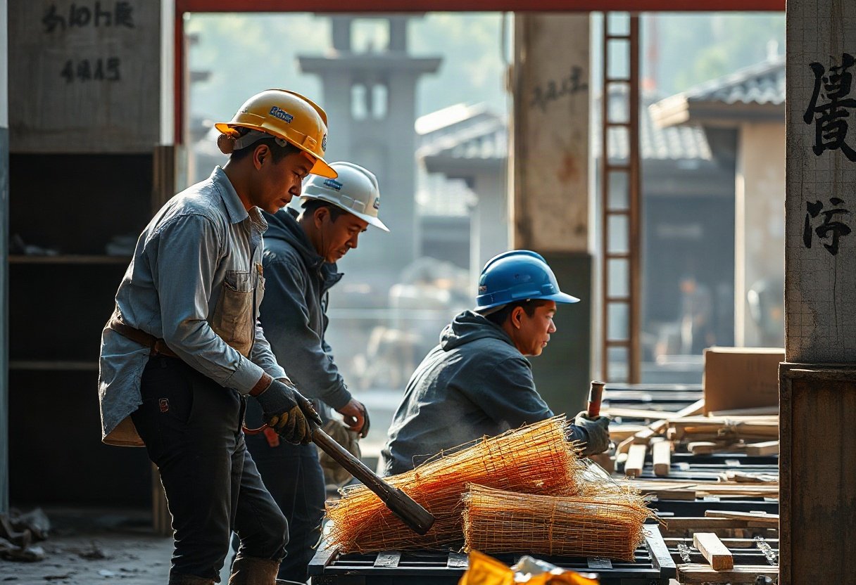 Nhóm thợ thi công đang làm việc chăm chỉ